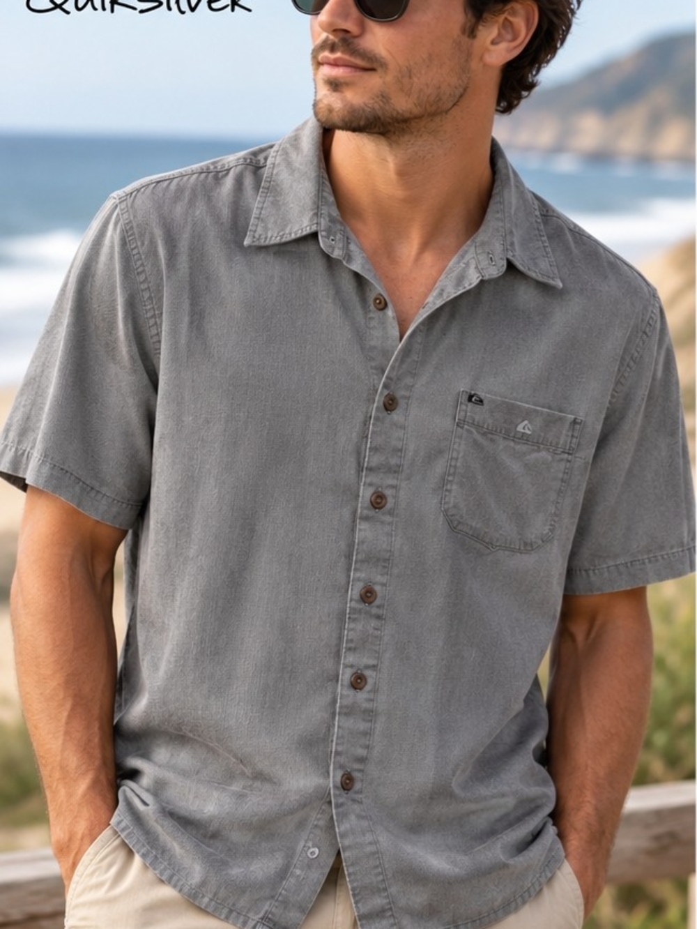 Quiksilver Men's Washed Gray Short Sleeve Button-Down Shirt